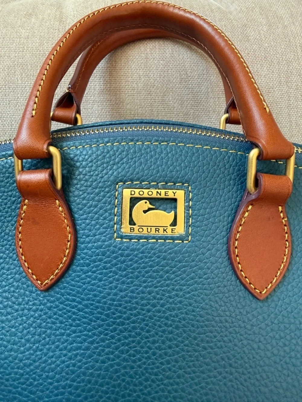 Dooney & Bourke Dillen Satchel Denim Pebbled Leather Brown Trim Crossbody Strap